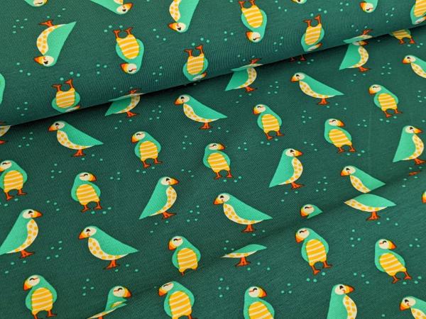 Reststück Baumwolljersey Vogel Puffin Petrol 50 x 150 cm